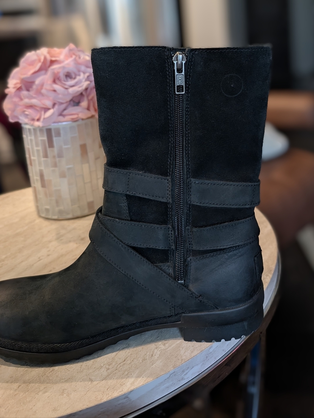 UGG Black Lorna Waterproof Suede Leather Mid-Calf Buckle Boots Size 8 - Picture 6 of 6